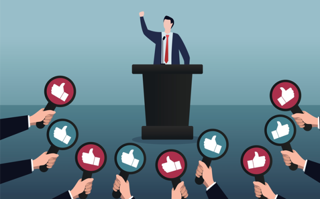 a political candidate speaking in a podium with various hands holding a like symbol with blue and red background, symbolizing US republican and democratic party votes